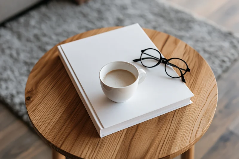 White hardcover book with coffee cup and glasses on round wooden table in living room