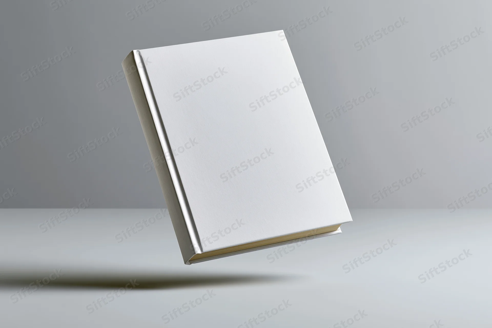 Blank white hardcover book floating slightly tilted on a gray surface