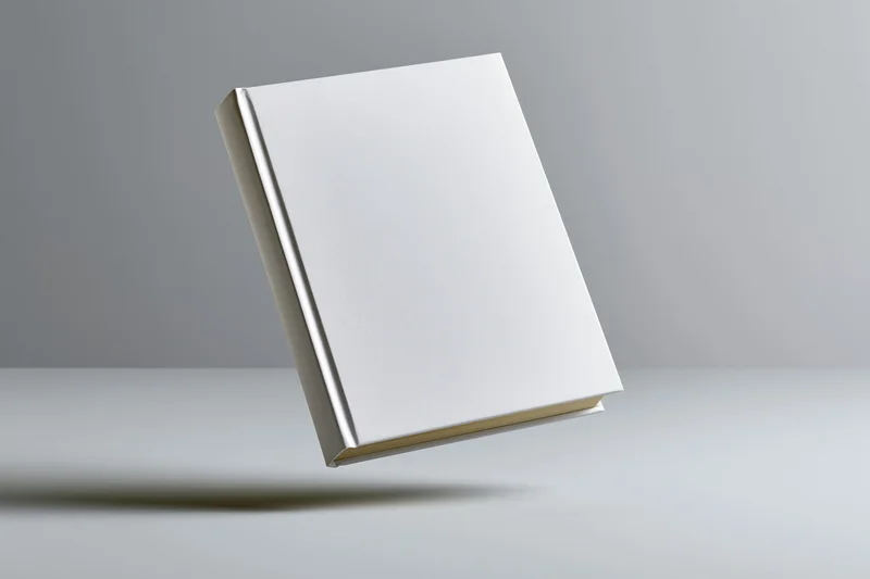 Blank white hardcover book floating slightly tilted on a gray surface