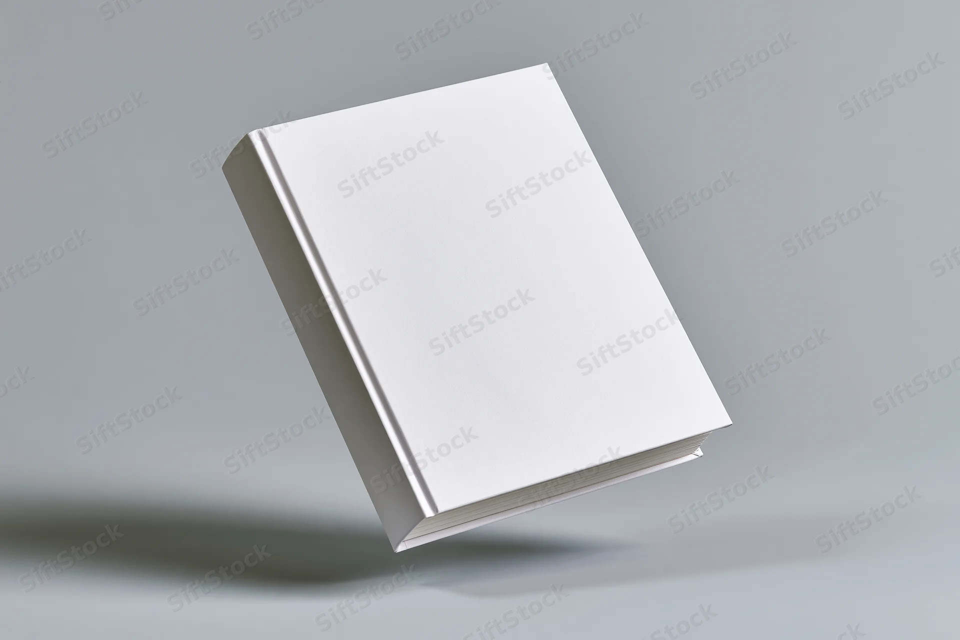 Blank white hardcover book standing slightly tilted on a gray surface