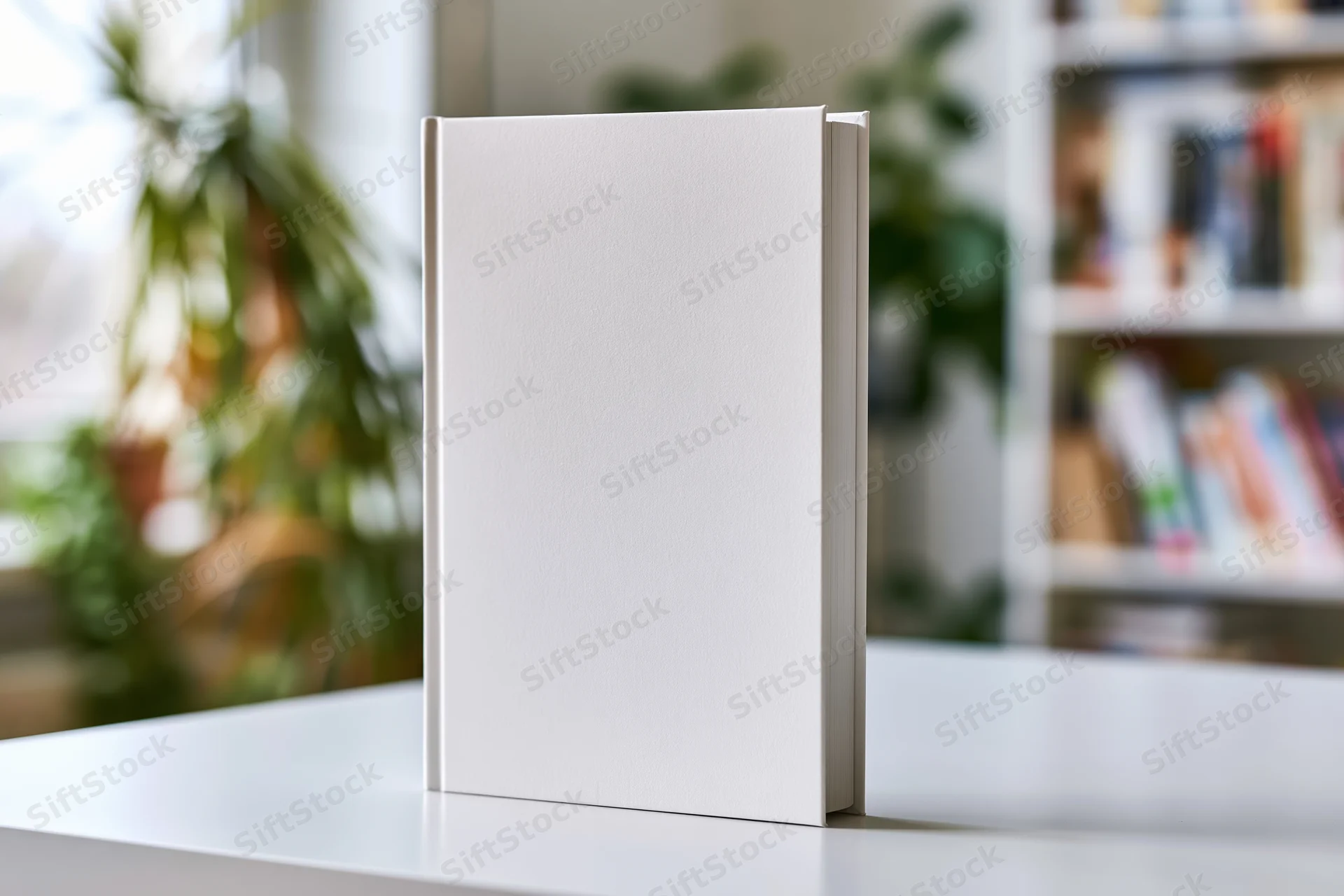 Blank white hardcover book standing upright on a white desk in a bright home office with blurred bookshelf and plant in background