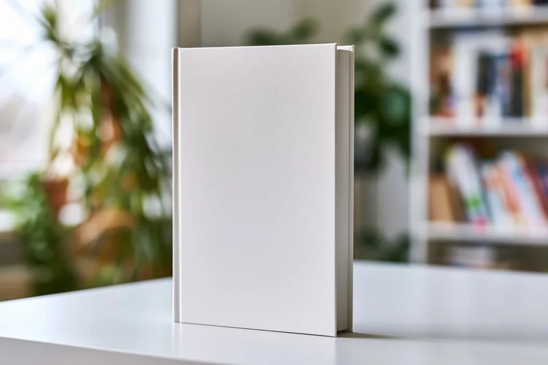 Blank white hardcover book standing upright on a white desk in a bright home office with blurred bookshelf and plant in background