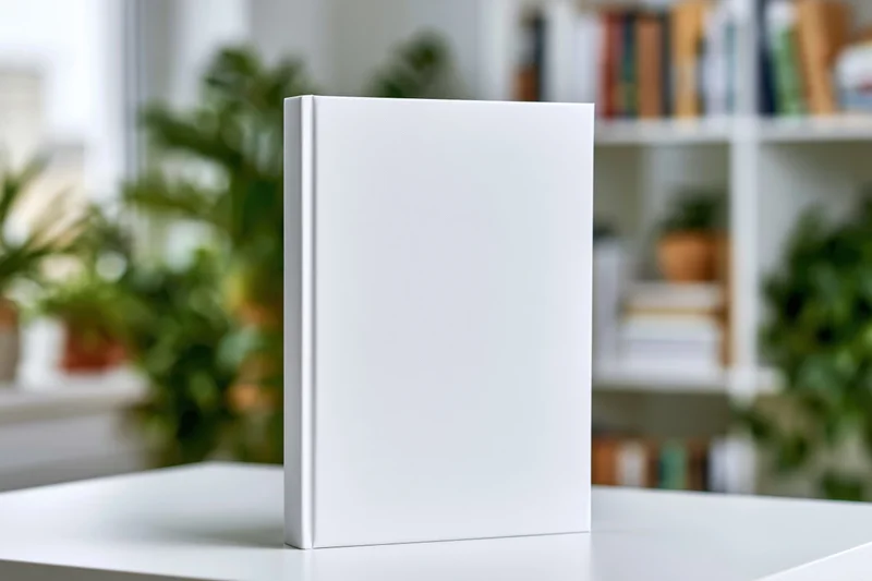 Blank white hardcover book standing upright on a white desk in a bright indoor space with blurred bookshelf and plants in background