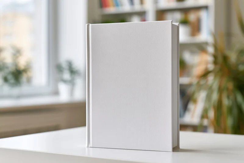 Blank white hardcover book standing upright on a white desk in a bright home office with bookshelf and window in background