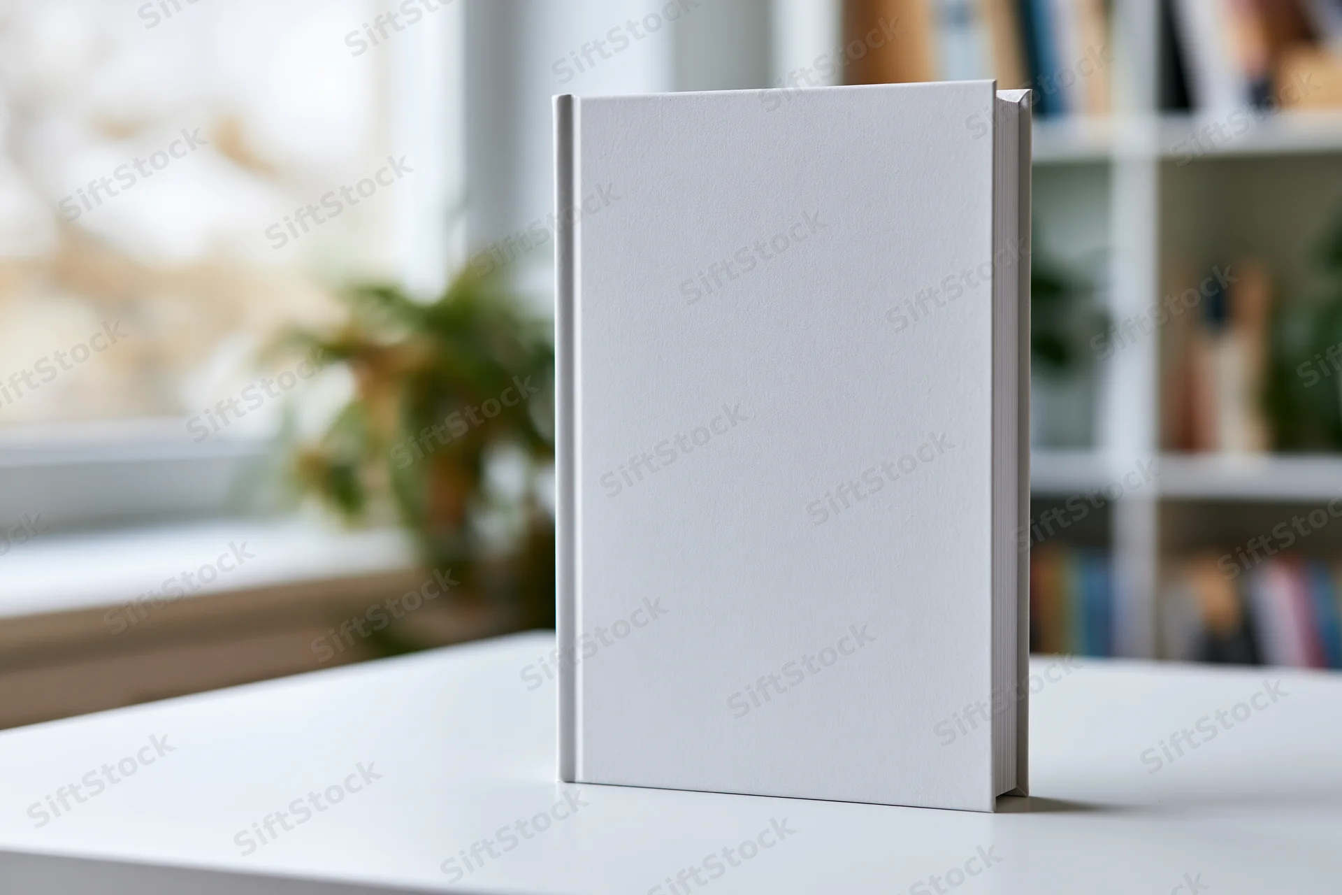 Blank white hardcover book standing upright on a white desk in a bright office space