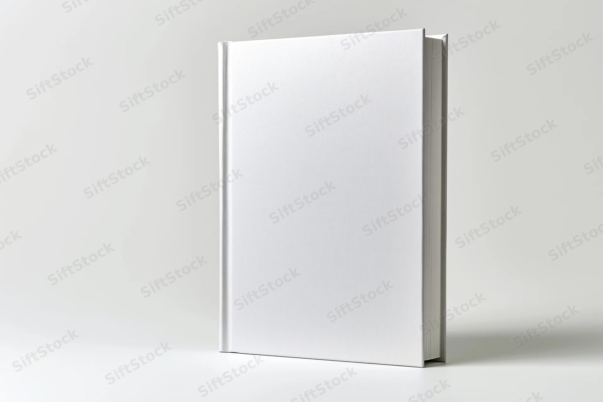 Blank white hardcover book standing upright on a plain surface