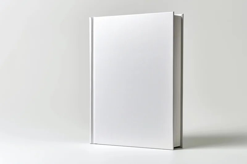Blank white hardcover book standing upright on a plain surface