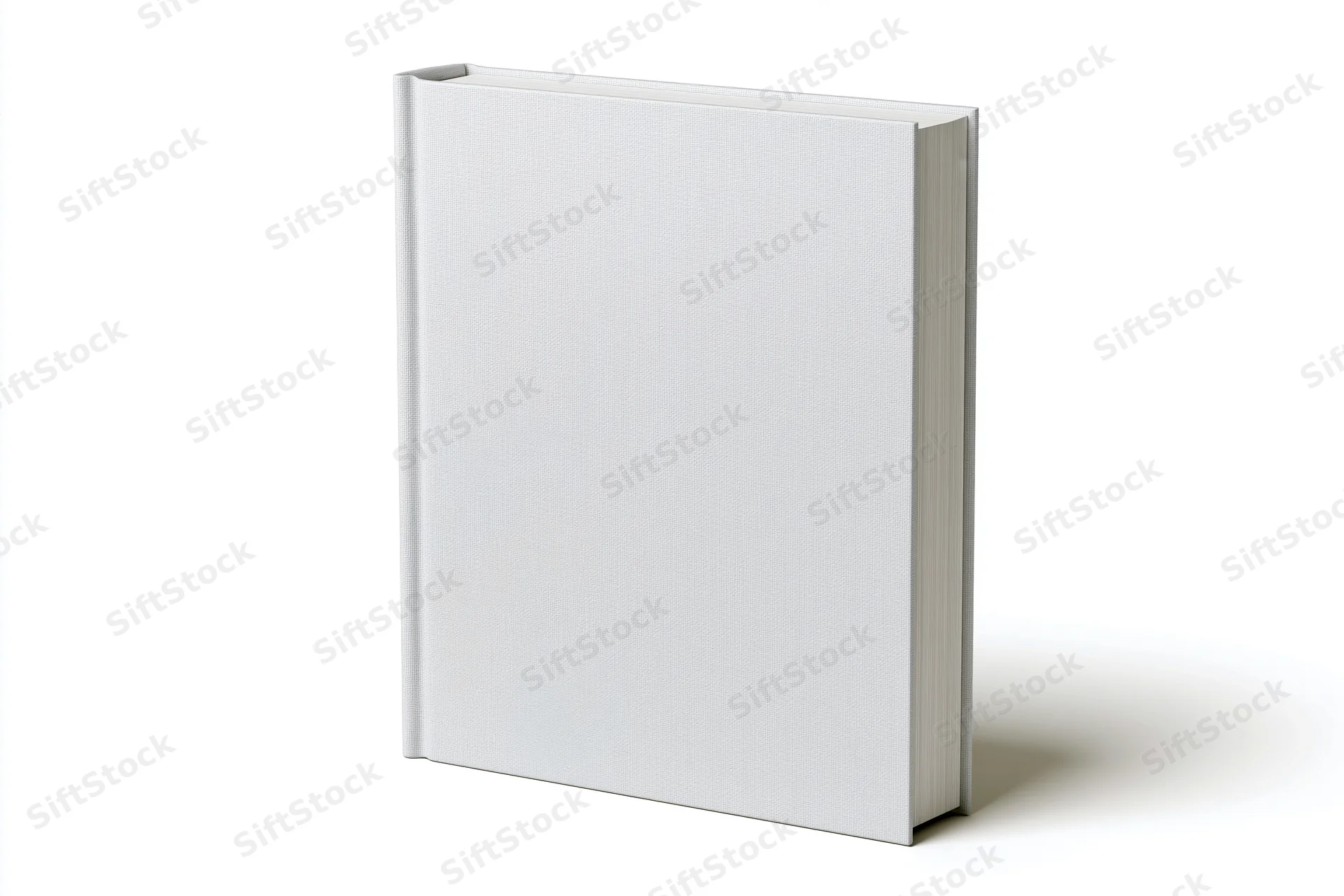 Blank white hardcover book standing upright on white background