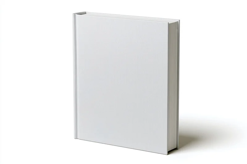 Blank white hardcover book standing upright on white background