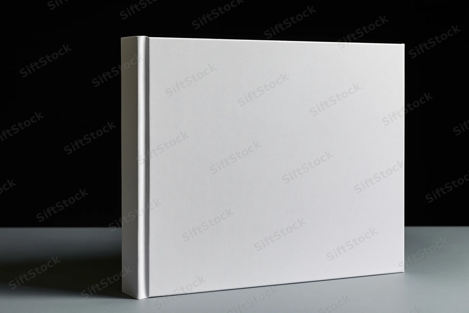 Blank white hardcover book standing upright on gray surface against black background