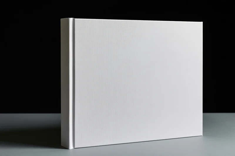 Blank white hardcover book standing upright on gray surface against black background