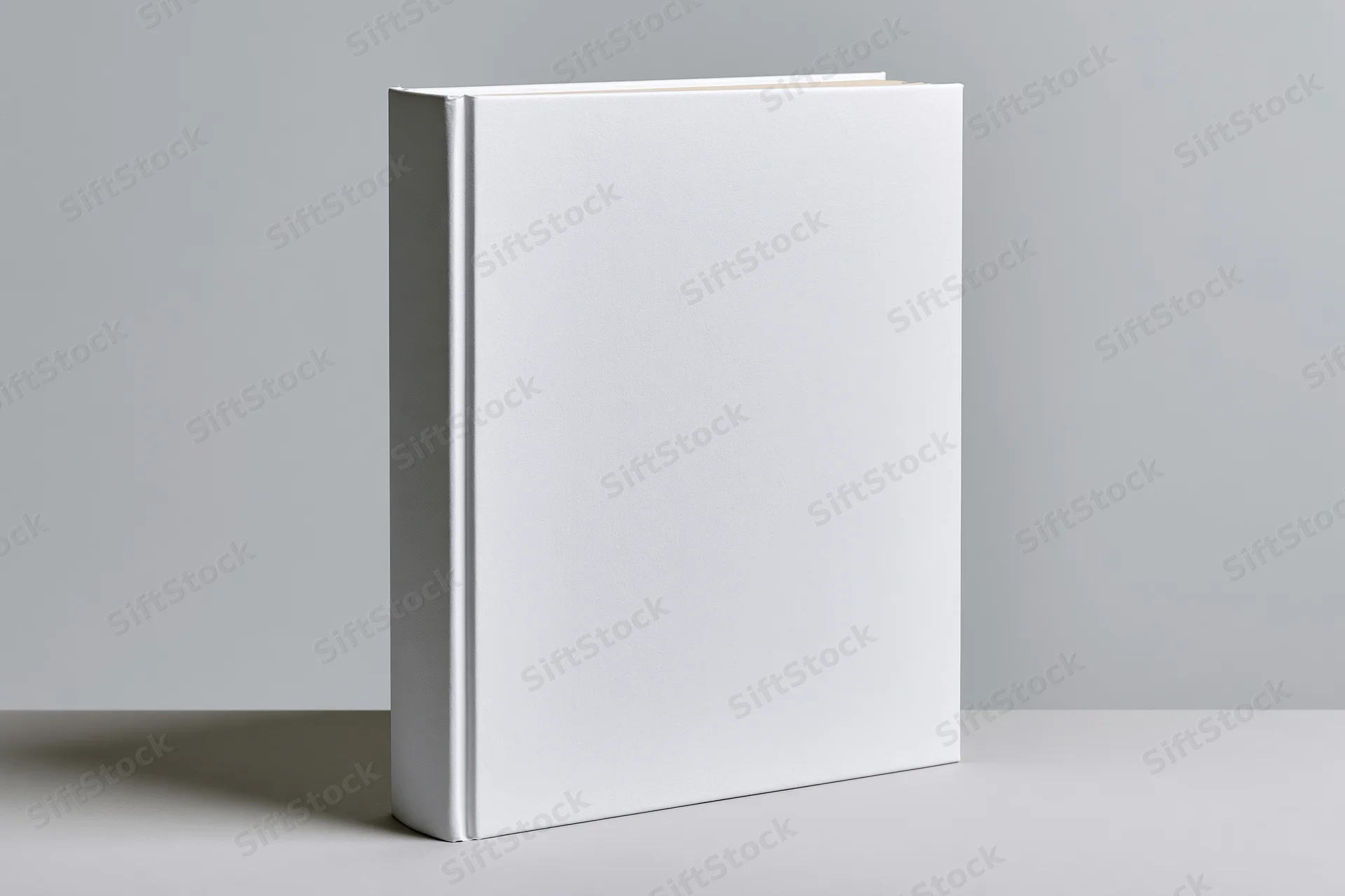 Blank white hardcover book standing upright on a gray surface with copyspace