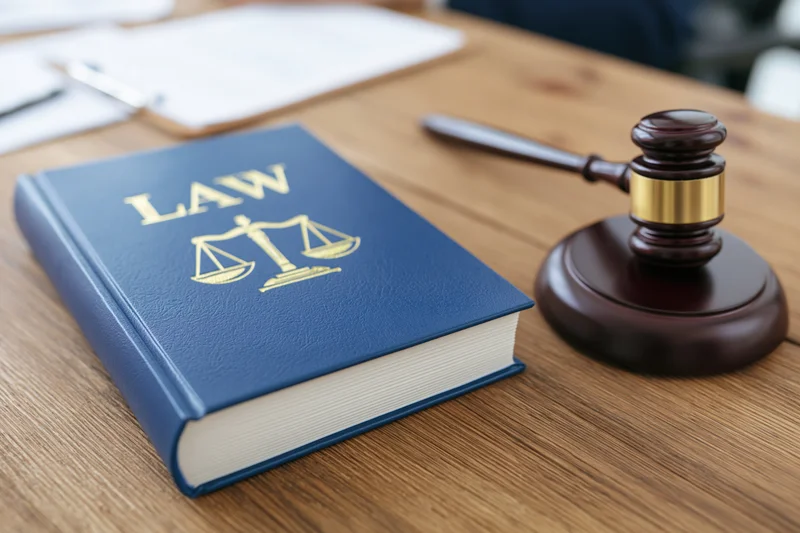Blue law book with gold embossed scales of justice and gavel on wooden desk