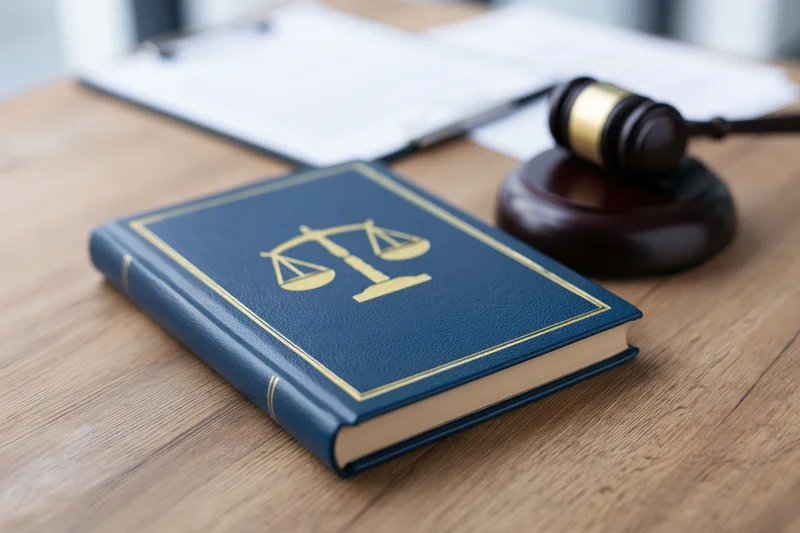 Blue hardcover law book with gold embossed scales of justice