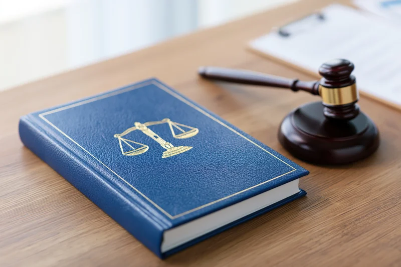 Blue law book with gold scales and gavel on wooden desk