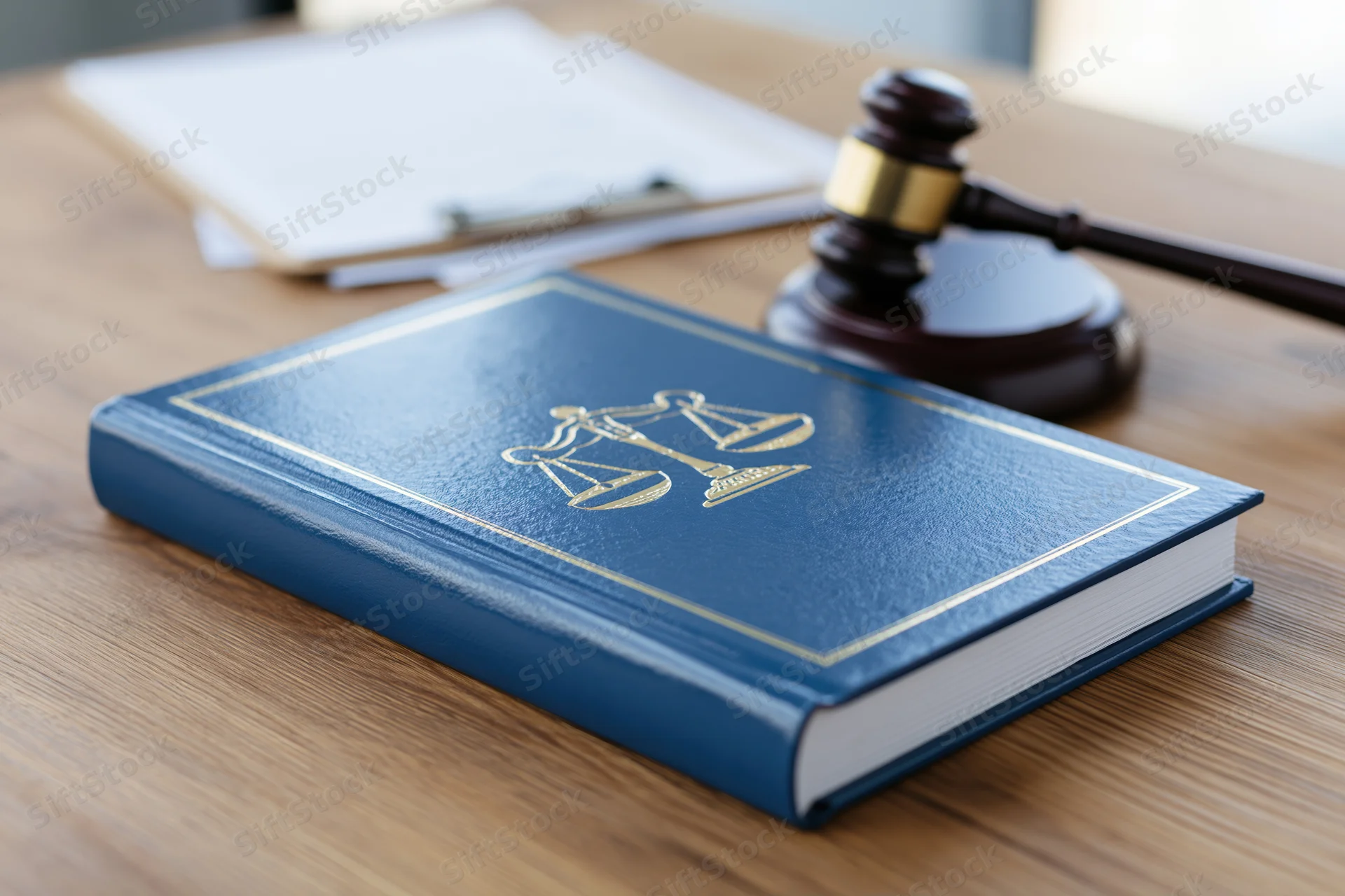 Blue hardcover law book with gold embossed scales of justice on wooden desk beside gavel and documents