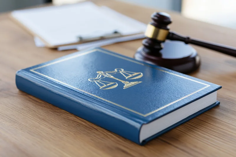 Blue hardcover law book with gold embossed scales of justice on wooden desk beside gavel and documents