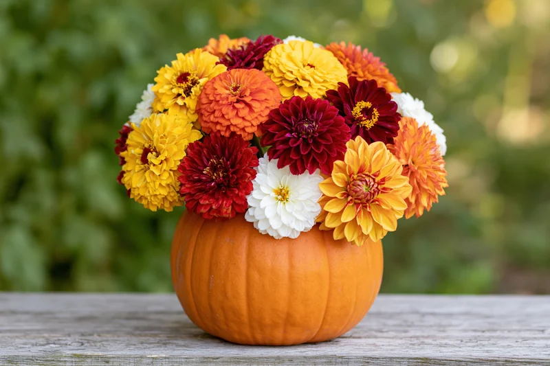 Autumn flowers arranged in a pumpkin centerpiece on a wooden table