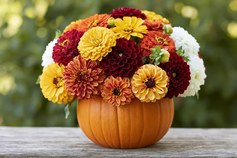 Autumn flowers arranged in a pumpkin vase on a wooden table