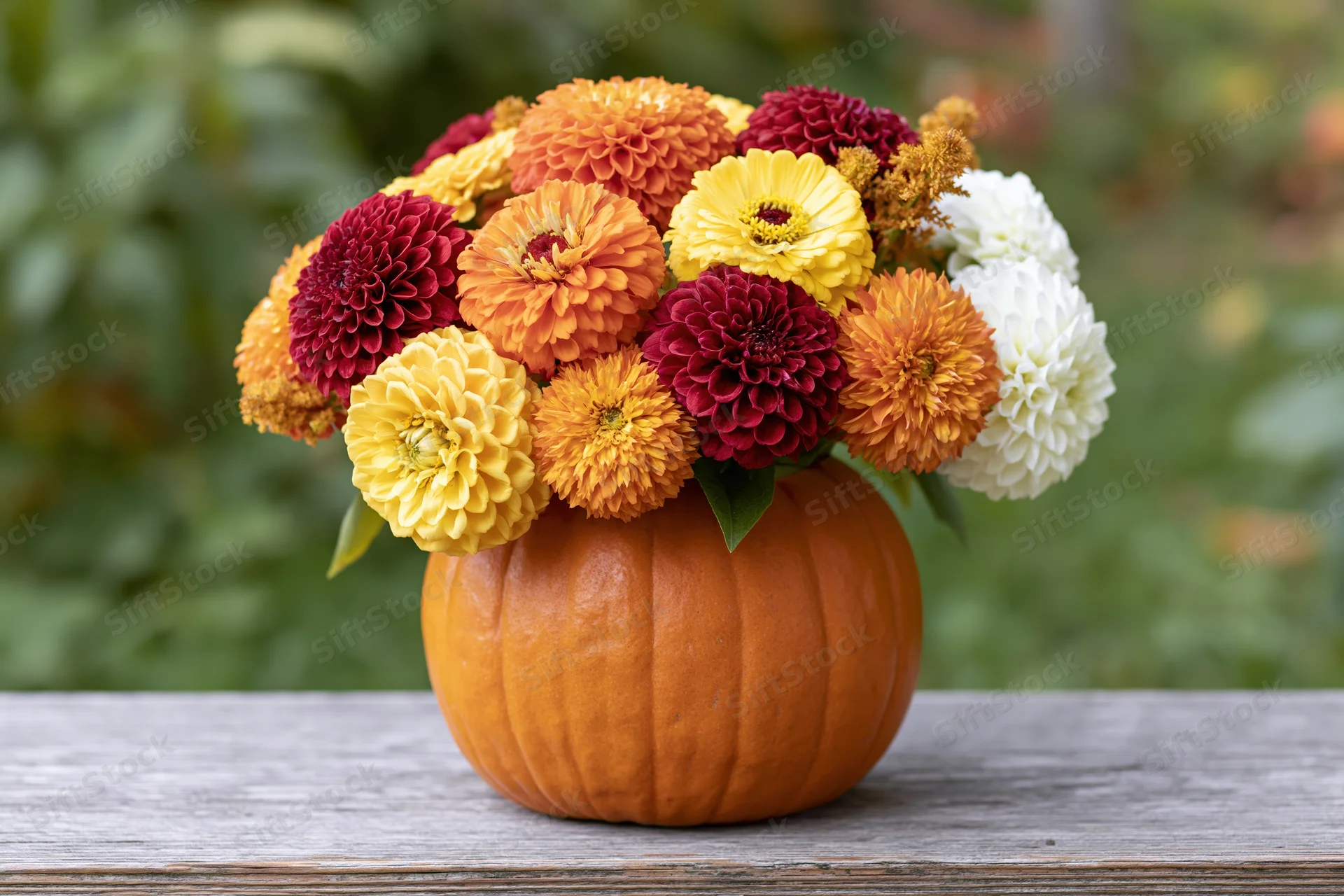 Autumn flowers arranged in a pumpkin vase on a wooden table