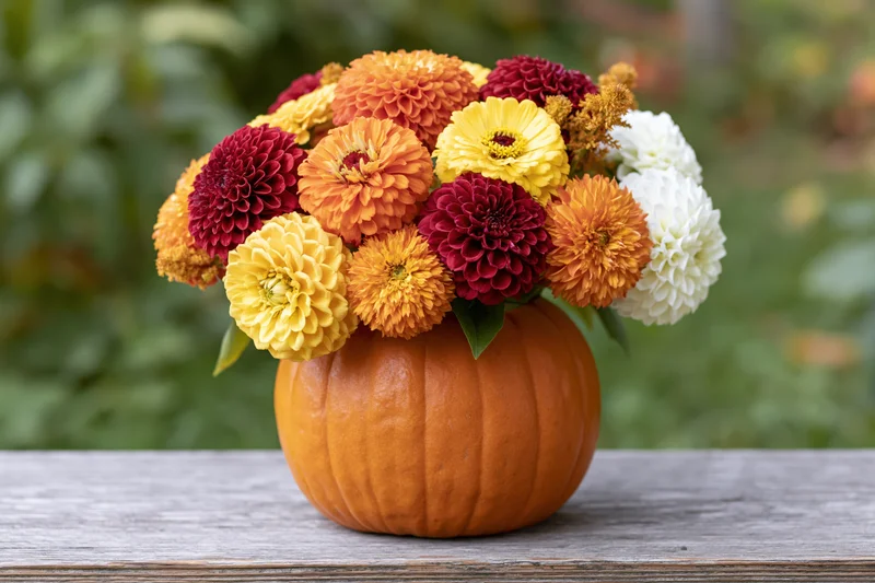 Autumn flowers arranged in a pumpkin vase on a wooden table