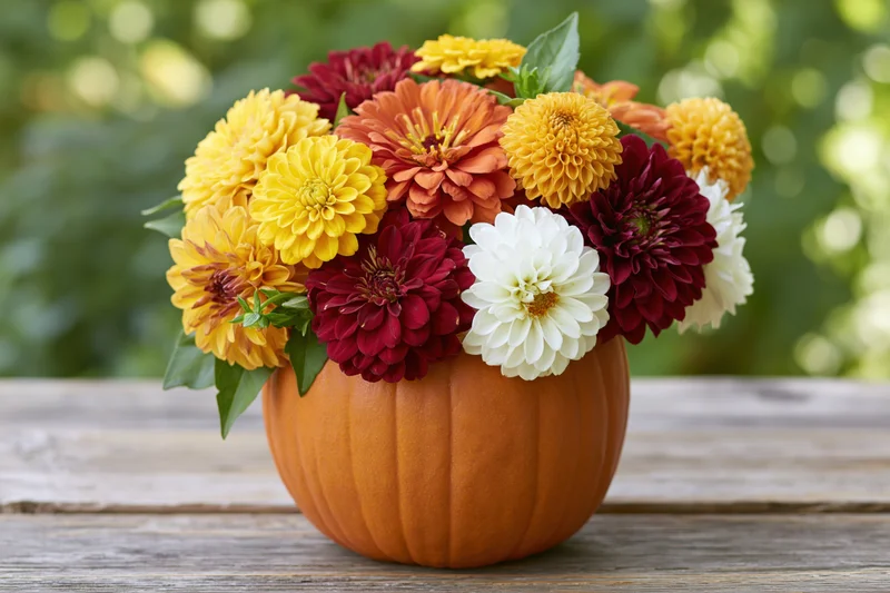 Autumn flowers arranged in a pumpkin vase on a wooden table