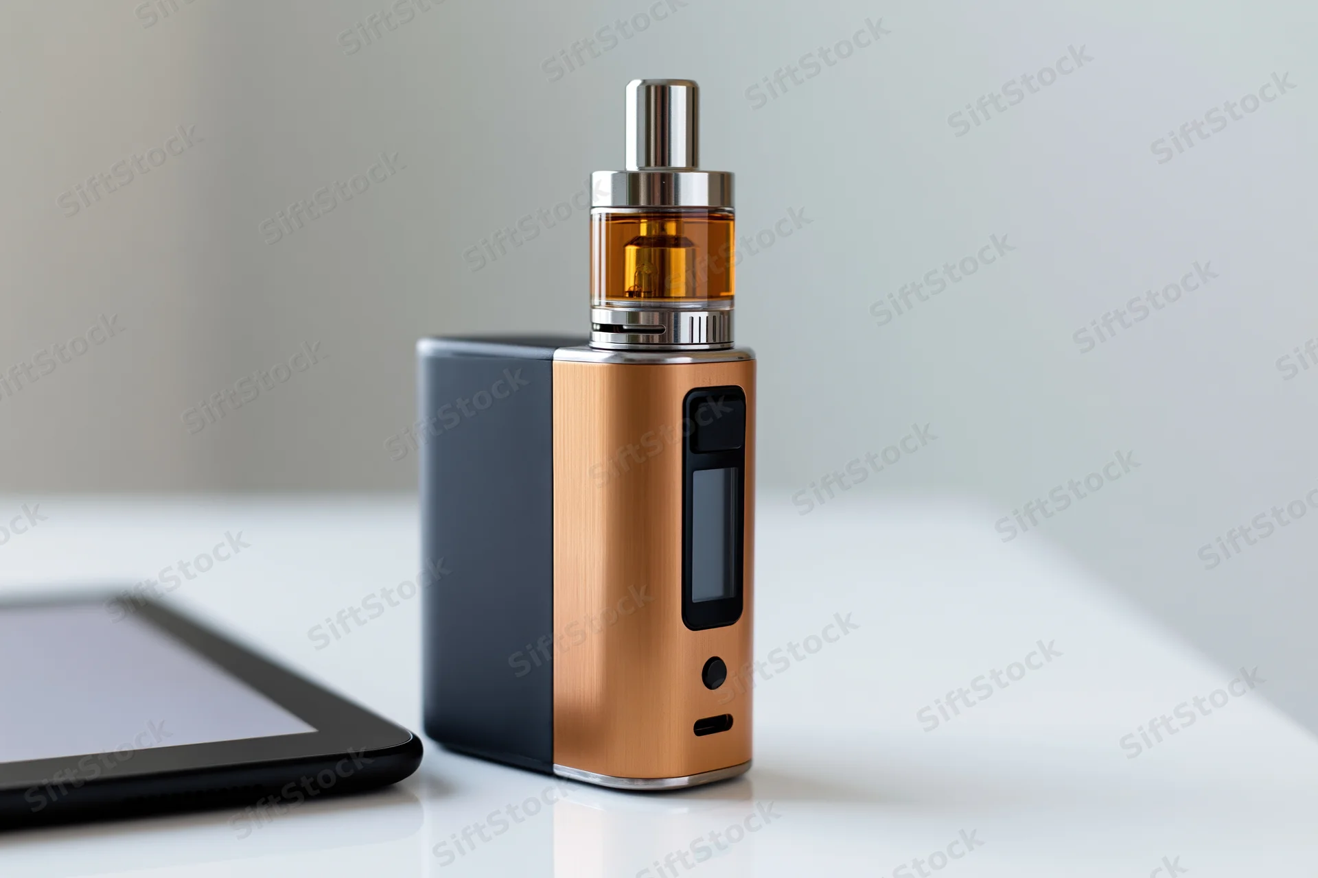 Bronze and black box mod vape device on white surface with tablet nearby