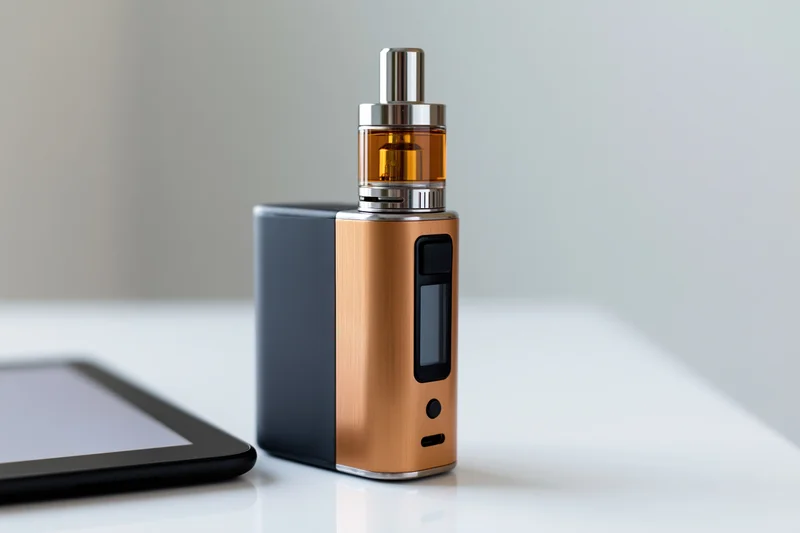 Bronze and black box mod vape device on white surface with tablet nearby