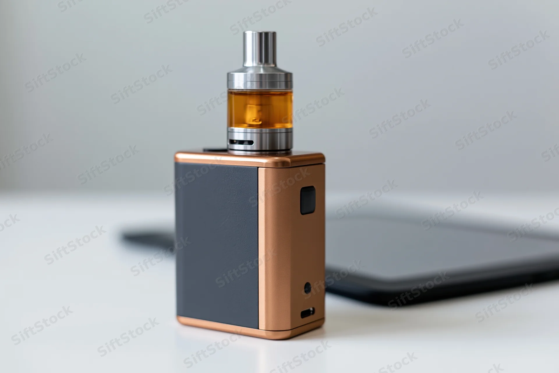 Box mod vape device with bronze and matte black body on white surface near laptop