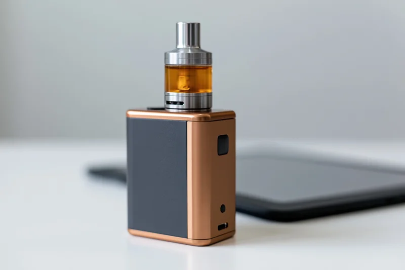Box mod vape device with bronze and matte black body on white surface near laptop