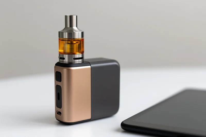 Box mod vape device with bronze and matte black body on white surface next to smartphone