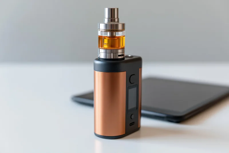Bronze and black box mod vape device with glass tank and digital screen on white surface