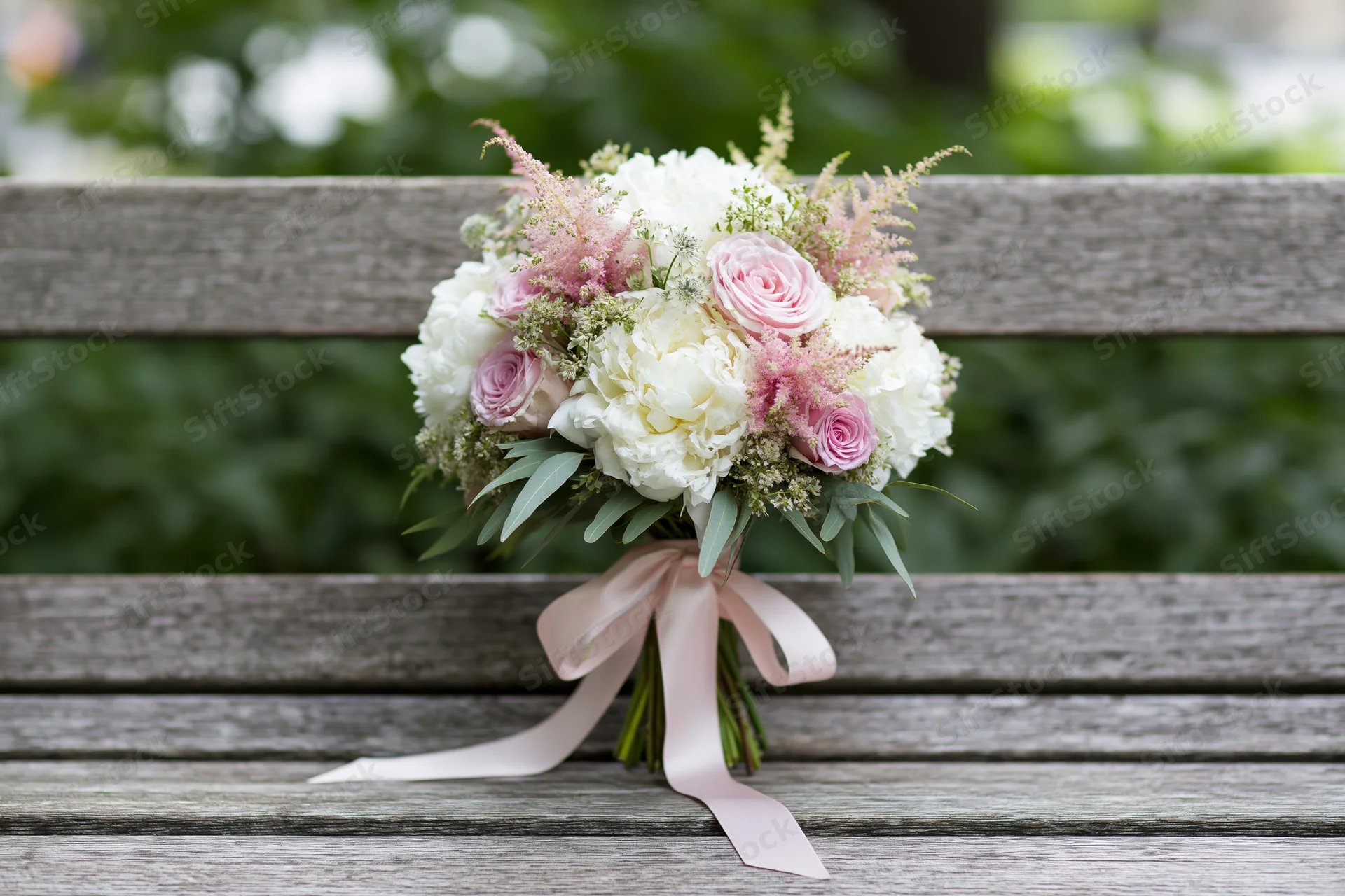 Bridal bouquet of white peonies and pink roses with astilbe and ribbon on a wooden bench in a garden
