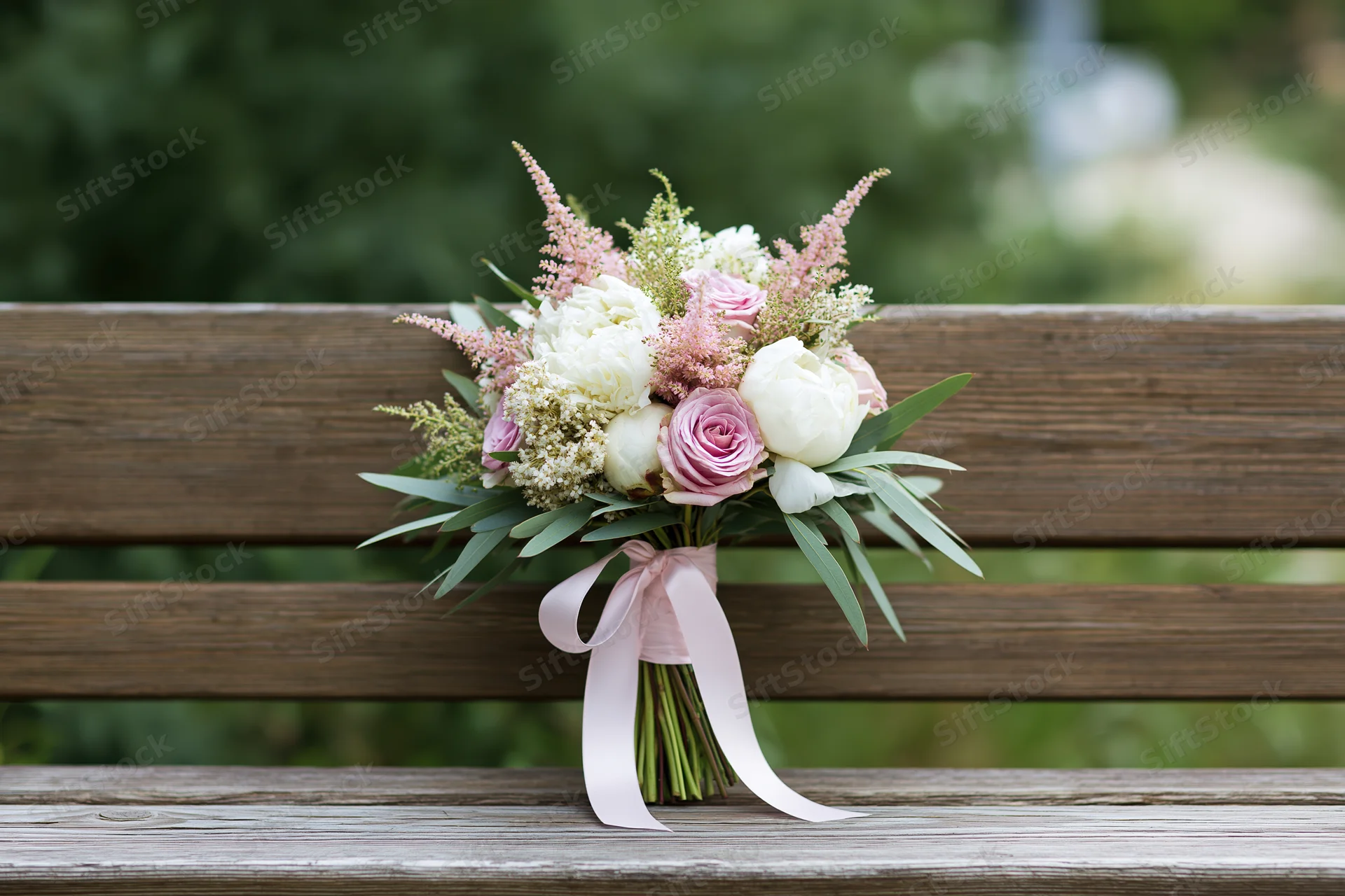Bridal bouquet with white peonies, pink roses and astilbe resting on a wooden bench outdoors