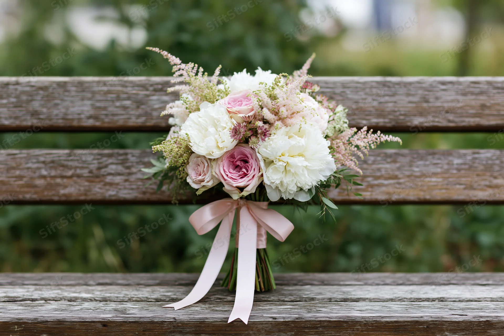 Bridal bouquet of white peonies and pink roses with astilbe and ribbon on a wooden bench in a garden