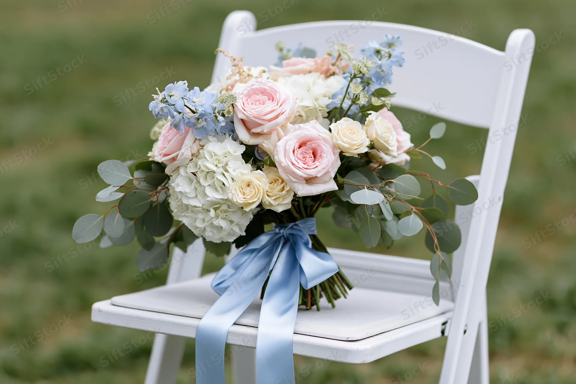 Bridal bouquet with pink roses, blue hydrangea and eucalyptus tied with satin ribbon resting on white folding chair outdoors