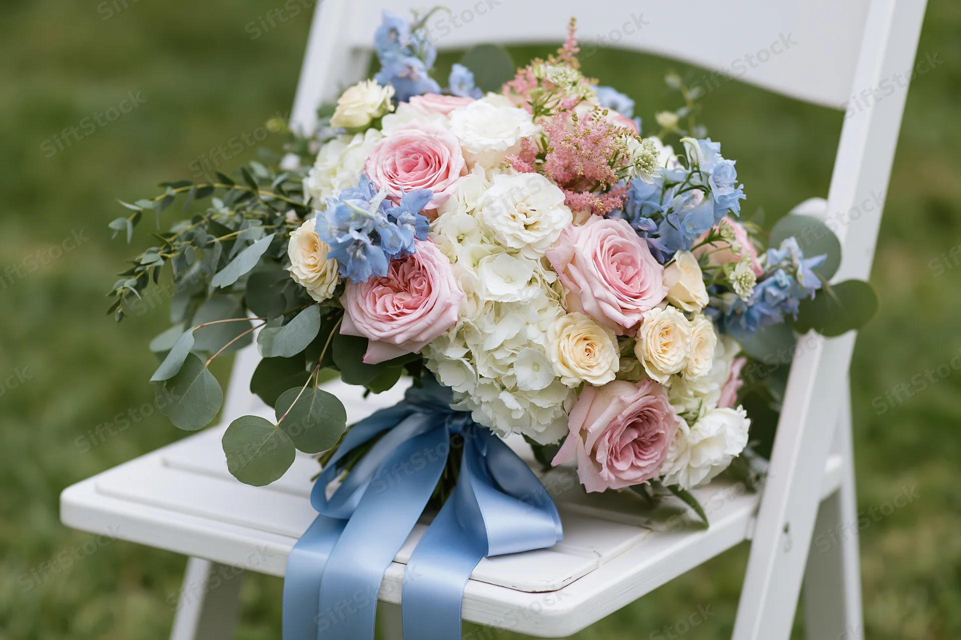 Bridal bouquet with pink roses, white hydrangeas, blue flowers and greenery tied with blue ribbon resting on white folding chair outdoors on grass