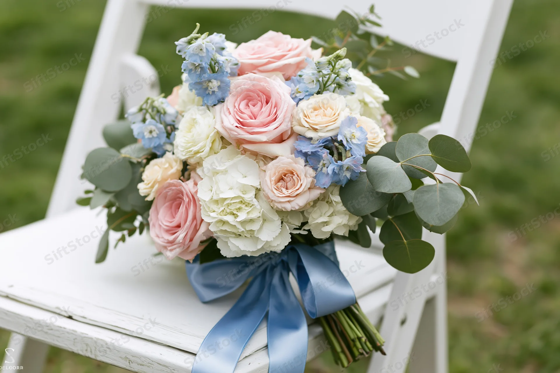 Bridal bouquet with pink roses, blue flowers and greenery tied with blue ribbon resting on white wooden folding chair outdoors