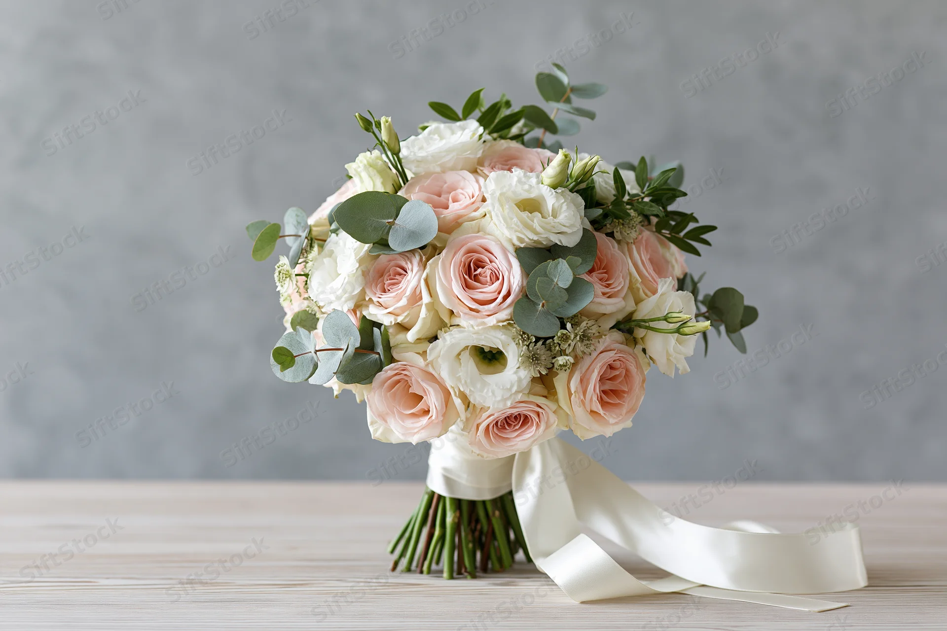 Bridal bouquet with pink and white roses and eucalyptus on a wooden table against a gray background
