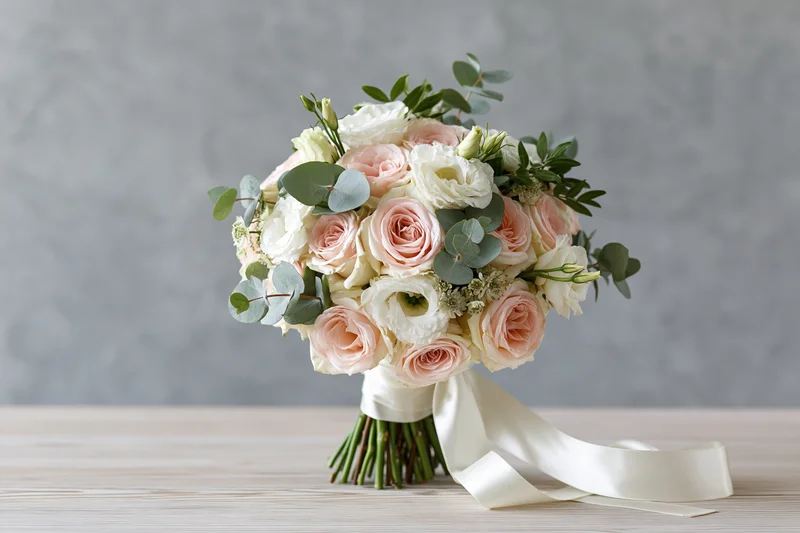 Bridal bouquet with pink and white roses and eucalyptus on a wooden table against a gray background