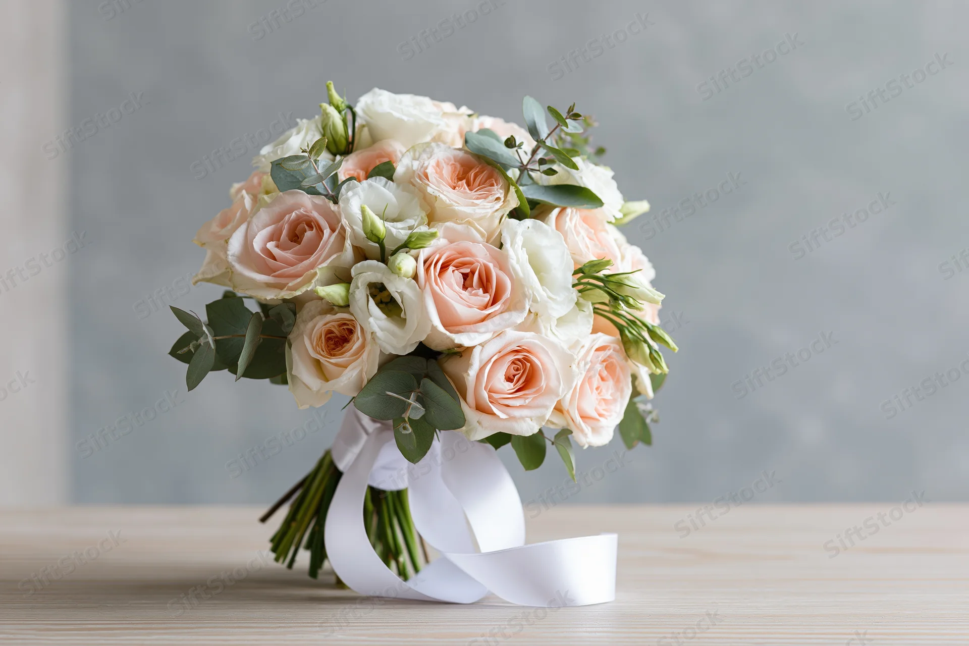 Bridal bouquet of peach and white roses with eucalyptus greenery tied with white ribbon on wooden table