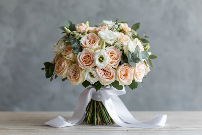 Bridal bouquet with peach and white roses and greenery tied with white ribbon on wooden surface