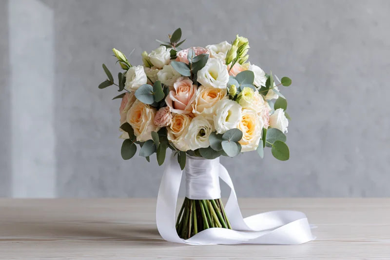 Bridal bouquet with white and peach roses and eucalyptus wrapped in ribbon on wooden surface