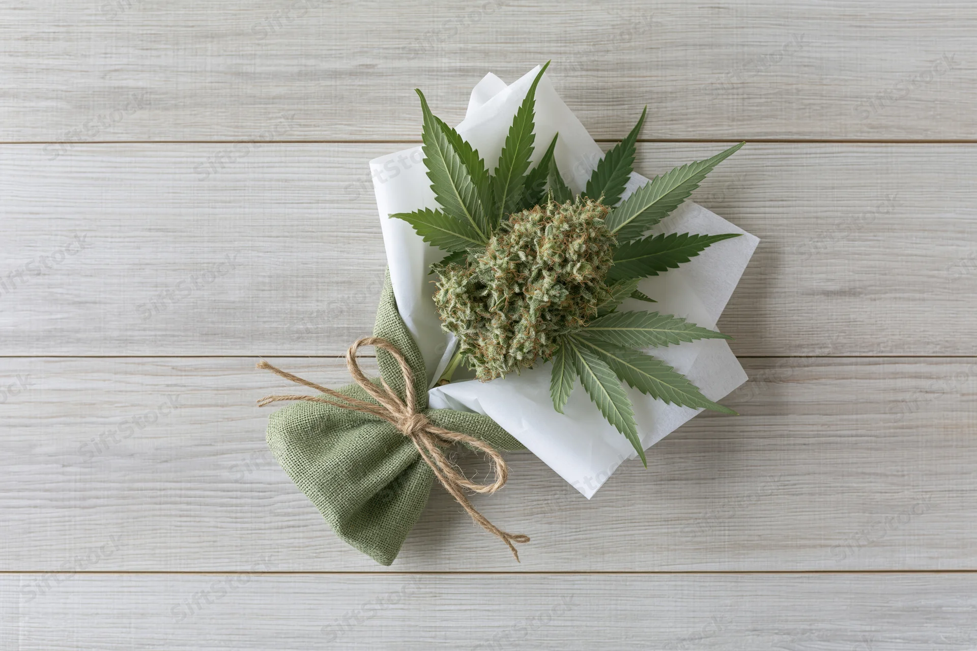Cannabis flower bud wrapped as a gift bouquet on wooden surface with twine and paper