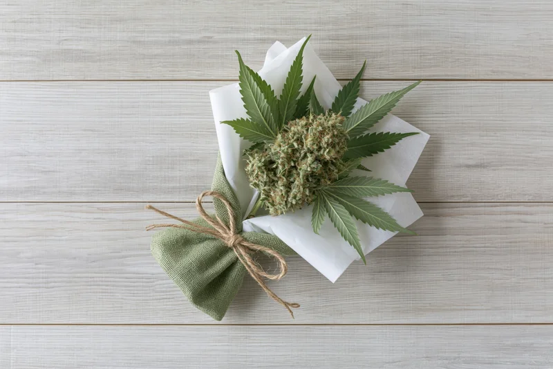 Cannabis flower bud wrapped as a gift bouquet on wooden surface with twine and paper