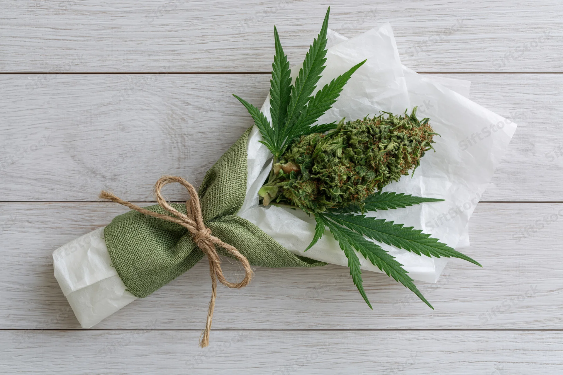 Cannabis bud wrapped as a gift bouquet with leaves on white wooden surface