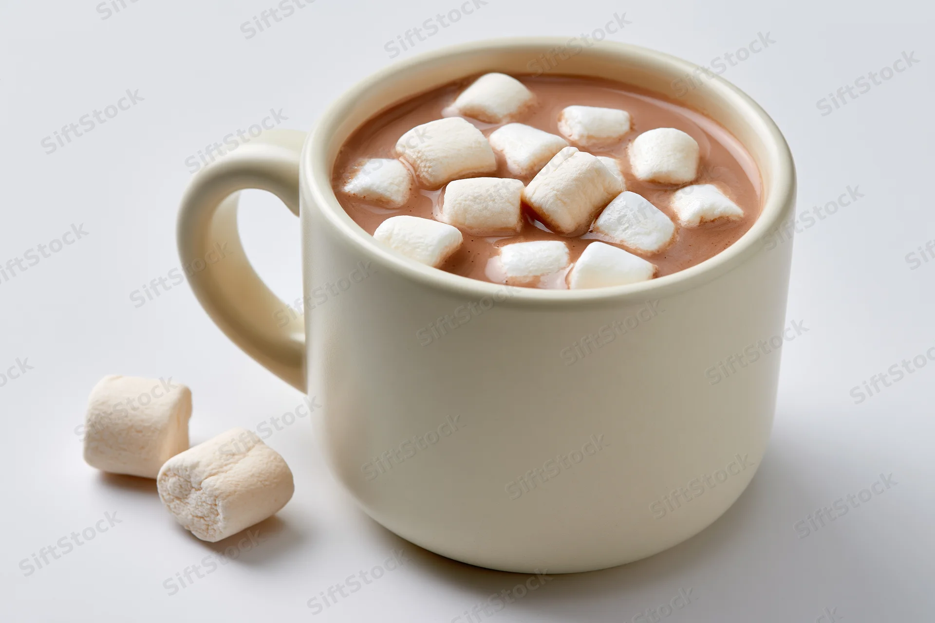 Ceramic mug filled with hot cocoa topped with marshmallows on white surface