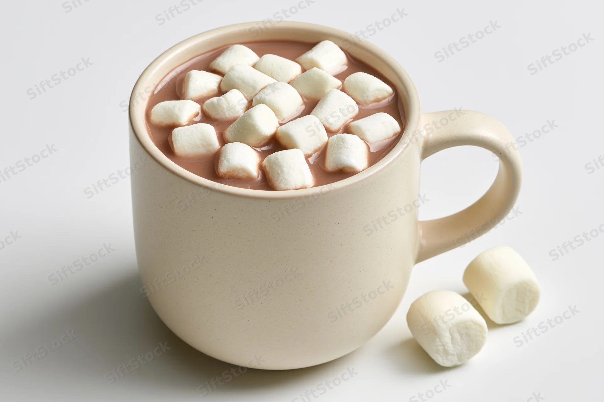Ceramic mug filled with hot cocoa topped with floating marshmallows on white background
