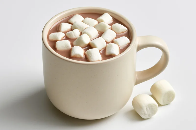 Ceramic mug filled with hot cocoa topped with floating marshmallows on white background