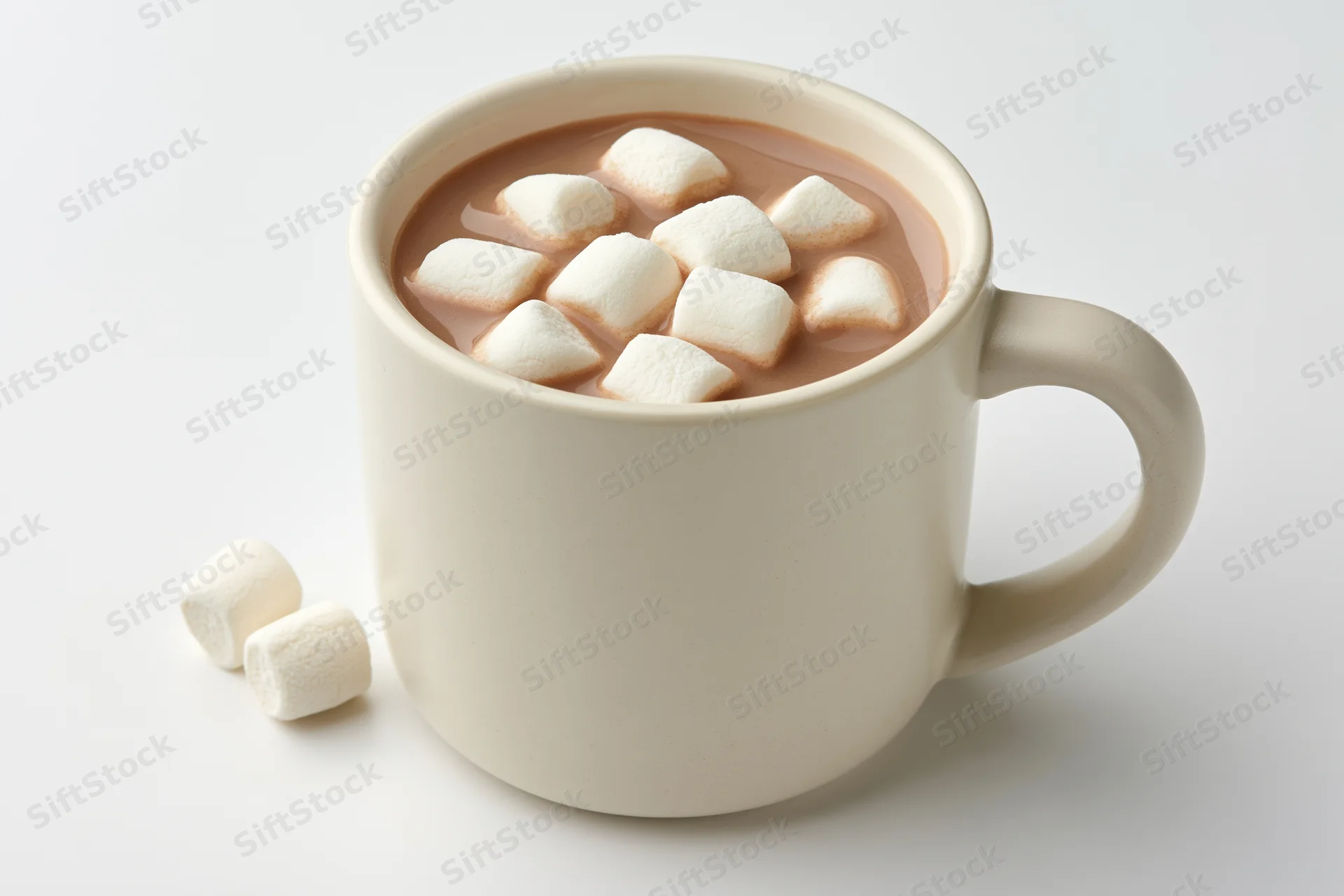 Ceramic mug filled with hot cocoa topped with marshmallows on white surface